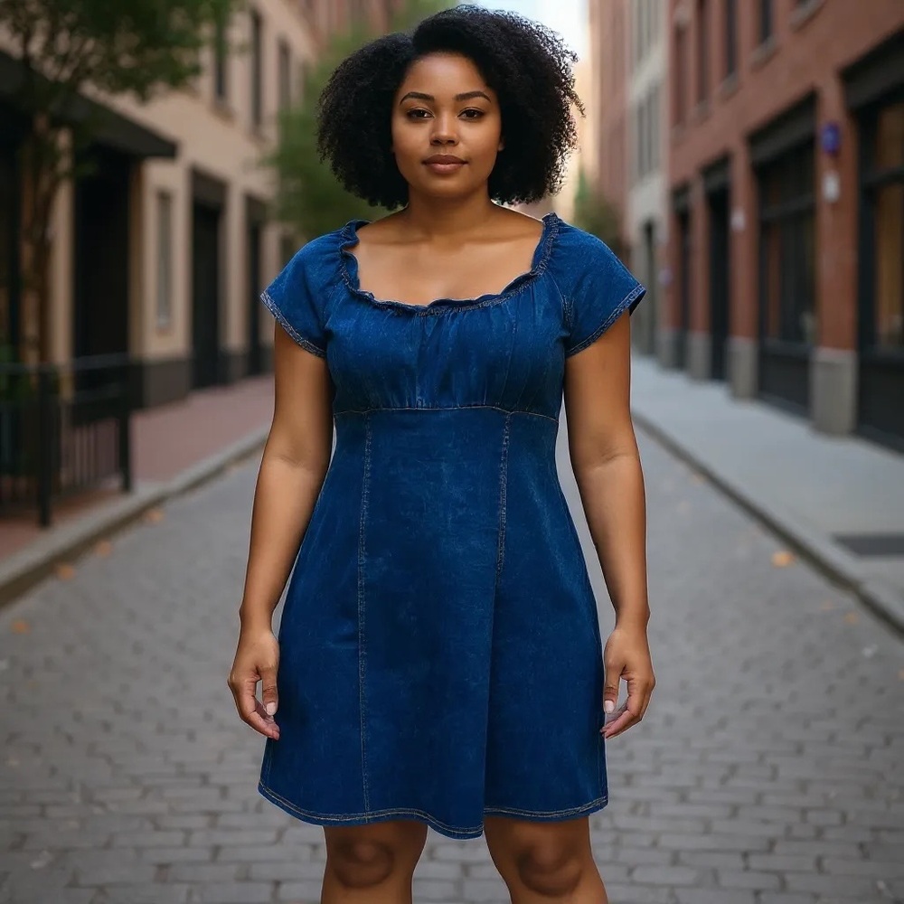 Vintage Dark Wash Denim Midi Dress Cap Sleeves and Ruffle Neckline Size 1X